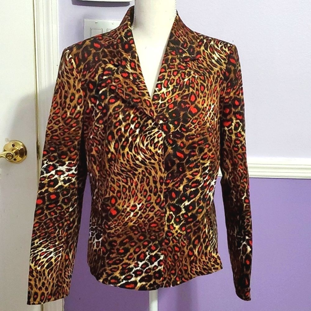Ellen Tracy Wild Animal Print Career Modern Fitted Blazer L